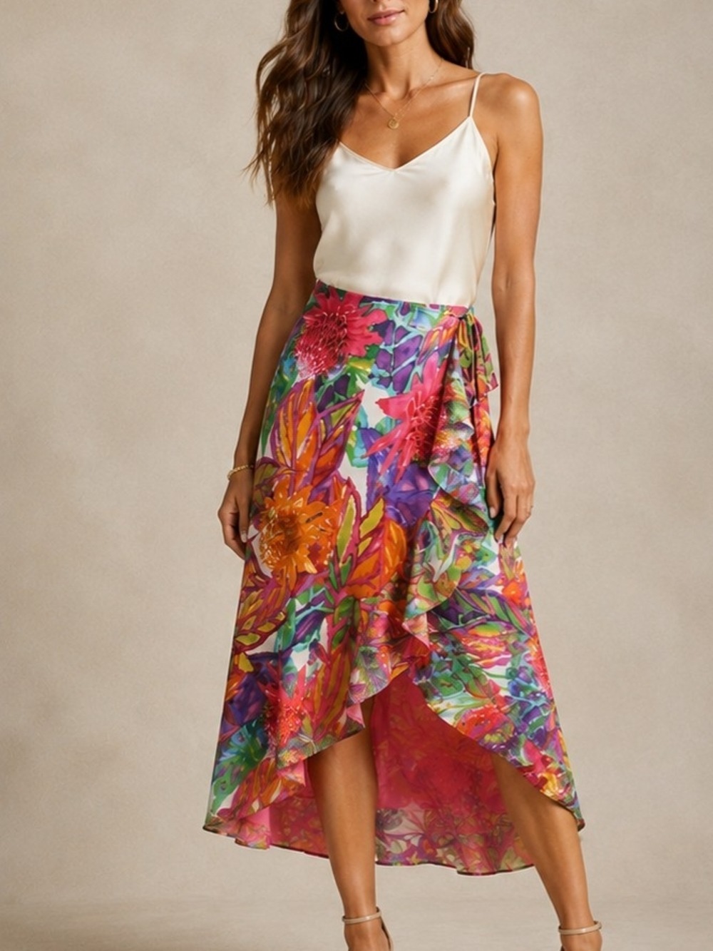 Lauren Ralph Lauren Tropical Floral Faux Wrap Midi Skirt Size 10